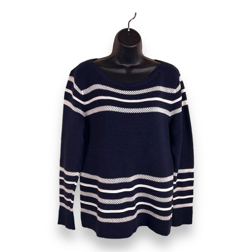 LARGE CHRISTOPHER AND BANKS NAVY BLUE WHITE KNIT TOP SWEATER COASTAL PREPPY